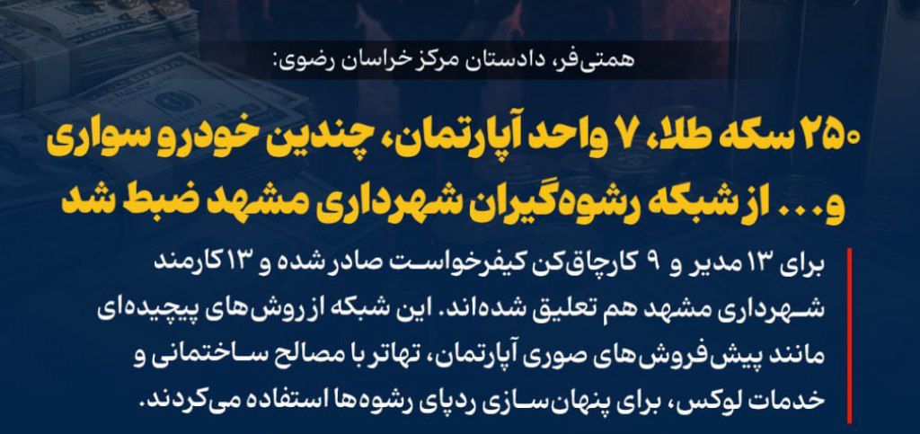 زلزله فساد در شهرداری مشهد؛ ۲۲ متهم و ۱۳ کارمند معلق شدند